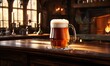 © Sanan - Mug of beer on a wooden table in a pub or bar. ai generative