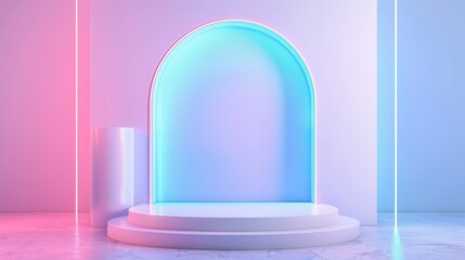 Poster - Stand with neon lights on pale blue and white background. 3D render