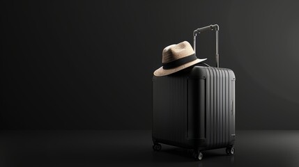 Wall Mural - Three dimensional rendering of a suitcase with hat on a black background. Travel concept.