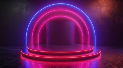 Canvas Print - 3D rendering of neon podium with neon tube on dark background.