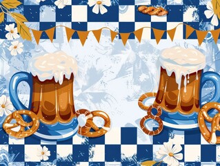 Wall Mural - Bavarian-Themed Abstract Background with Beer Mugs and Pretzels