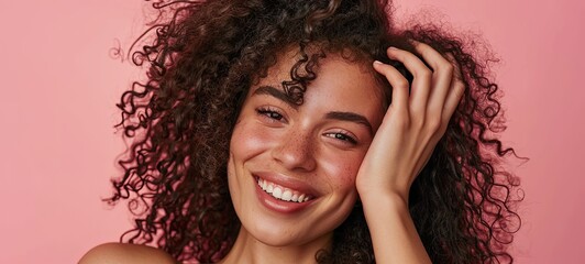 Wall Mural - Close up of smiling cheerful American woman posing for camera while touching her curly hair standing isolated on pink background. 