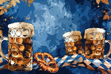 Wall Mural - Bavarian-Themed Abstract Background with Beer Mugs and Pretzels