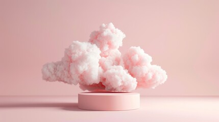 Poster - The pink podium is accompanied by a cloud on a pastel pink background.