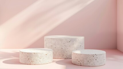 Poster - Rendering of stone podium product on pastel pink background.