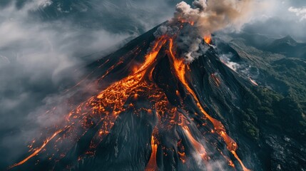 Wall Mural - Close-up aerial view of El Fuego volcano erupting in Guatemala.