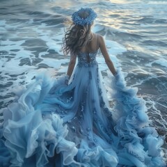 A goddess is standing besides the sea, wearing blue foamy ocean waves gown, with blue flower crown, foamy ocean waves, dawn light