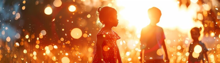 Canvas Print - Children enjoying the outdoors at sunset, with bokeh lights creating a magical and playful atmosphere.