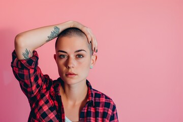 Sticker - Worried young woman with hair loss problem on pink background, Concerned Young Woman Facing Hair Loss Problem on Pink Background, Worried Female with Hair Thinning Issues on Pink Background