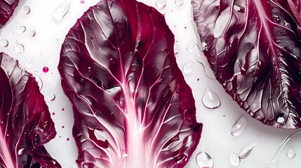 Wall Mural - Vibrant radicchio leaves with water droplets creating a dynamic scene on a white backdrop