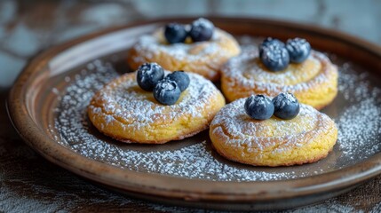 Wall Mural - A plate of cookies with blueberries and powdered sugar on top