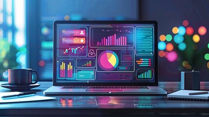 Digital illustration of a laptop screen displaying colorful data analytics with charts and graphs