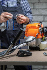 Wall Mural - Man, technician checking, repair of petrol mower, petrol trimmer.