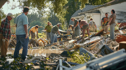 Wall Mural - Volunteers working together clearing debris after a flood disaster.