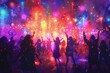 © Thaniya - Vibrant dance party scene with diverse crowd celebrating LGBTQ+ Pride Month. Colorful lights, confetti, enthusiastic dancing create an atmosphere joy, unity, acceptance, embodying spirit Pride.