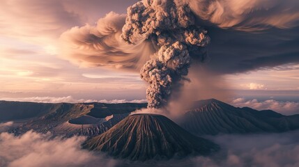 Wall Mural - Mount Bromo at sunset An active volcano erupts, smoke and ash rising into the sky into the environment, Java National Park, Indonesia.