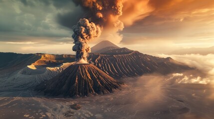 Wall Mural - Mount Bromo at sunset An active volcano erupts, smoke and ash rising into the sky into the environment, Java National Park, Indonesia.