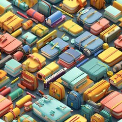 Poster - Seamless pattern of 3D-rendered back-to-school items, including books, pencils, and backpacks, arranged in neat rows for an organized design