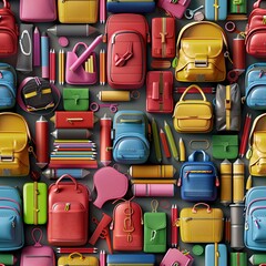 Poster - Seamless pattern of 3D-rendered back-to-school items, including books, pencils, and backpacks, arranged in neat rows for an organized design