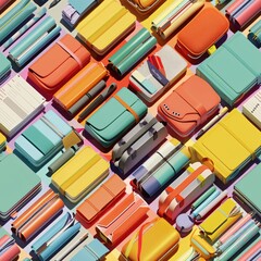 Poster - Seamless 3D render of back-to-school supplies, such as binders, folders, and highlighters, arranged in uniform rows for a cohesive pattern design