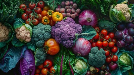A collection of exotic vegetables like purple cauliflower heirloom tomatoes and rainbow chard laid out on a rustic table focus on culinary diversity theme vibrant manipulation farm