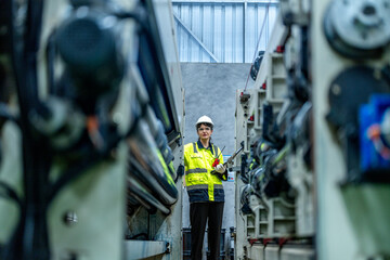 Wall Mural - female engineers in neat work clothes prepare and control the production system of large modern machines in a factory producing industrial technology products.