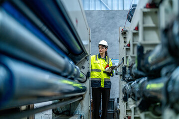 Wall Mural - female engineers in neat work clothes prepare and control the production system of large modern machines in a factory producing industrial technology products.