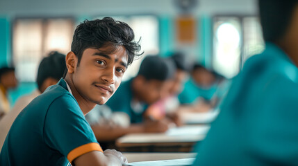 Poster - Indian male student, looking at camera while writing in classroom