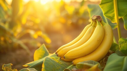 Fresh banana with vibrant and sunny background at farm during sunset