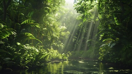 Wall Mural - AI-generated illustration of Sunlight filtering through lush green foliage and water in dense forest