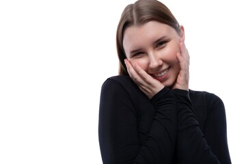 Wall Mural - Charming schoolgirl smiling on white background