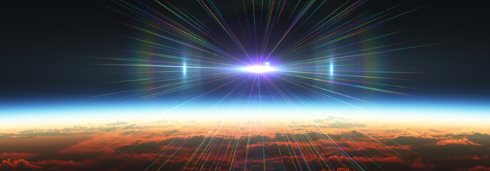 Wall Mural - earth sunrise from space over cloudy ocean. 3d rendering