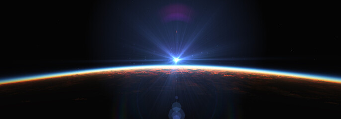 Wall Mural - earth sunrise from space over cloudy ocean. 3d rendering