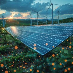 Solar panels with wind turbines in the background data flow between them, symbolizing energy sustainability and digitalization for green power generation, global environmental transformation