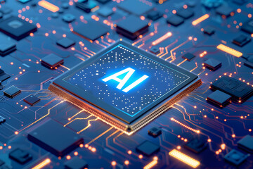 Wall Mural - Development of microchips using AI technology concept, microchip with word “AI” on center and background is chip production factory or lab