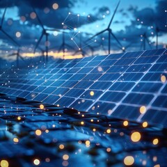 Solar panels with wind turbines in the background data flow between them, symbolizing energy sustainability and digitalization for green power generation, global environmental transformation