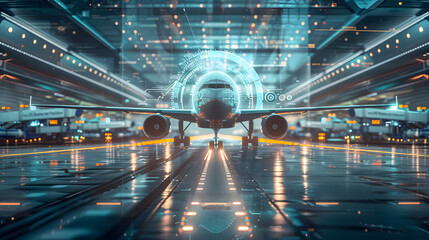 Wall Mural - Technology digital future of commercial air transport concept, Airplane taking off from airport runway on city skyline and world map background with copy space, Moving by speed motion blur effect