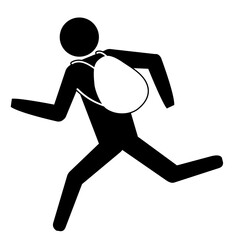 リュックを背負って走って逃げる男性のイラスト。地震で避難する人物のアイコンシルエット。
