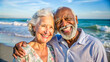 © Yekatseryna - Happy senior couple smiling and bonding on the beach looking at camera. happy elderly lovely enjoying quality time together outside