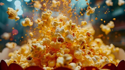 Popcorn machine overflowing with fresh popcorn, capturing the texture and golden color, selective focus, snack time, vibrant, manipulation, concession stand backdrop