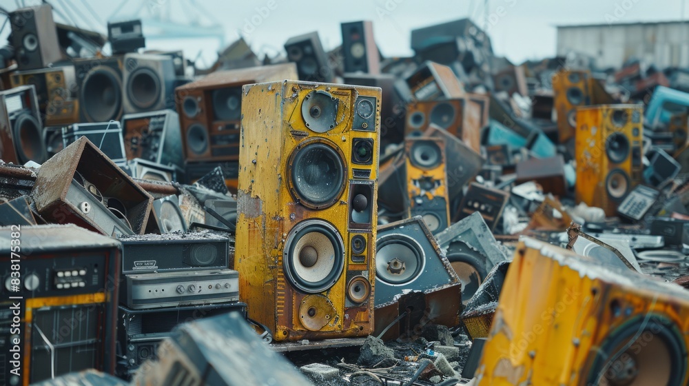 Audio Rig Disasters Aerial view of a sprawling junkyard filled with derelict, broken hi-fi ...