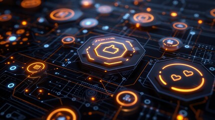 Wall Mural - a futuristic social icon chart for businesses, featuring a neonaccented 3d render on a dark black ba