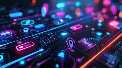 Wall Mural - a futuristic social icon chart for businesses, featuring a neonaccented 3d render on a dark black ba