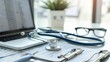 © LukaszDesign - Office with laptop, stethoscope, and medical records for study, diagnosis, and testing. Computer, technology, and glasses on a desk for doctors to examine hospital or clinic documentation