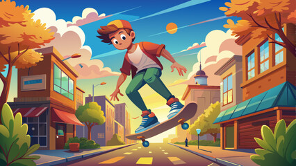 Wall Mural - Fun Boy jumping on skateboard in the street. 
