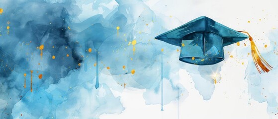 Wall Mural - A sleek, futuristic watercolor illustration features a graduation cap with a shimmering blue and gold tassel