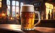 © Sanan - Mug of beer on a wooden table in a pub or bar. ai generative