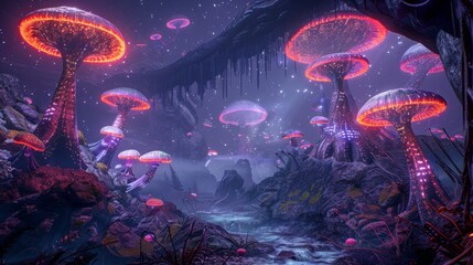 Wall Mural - A colorful, surreal landscape with many glowing mushrooms and a bridge