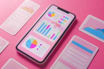 Poster - Mobile phone displaying digital marketing analytics on a pink background with email optimization concepts, perfect for web development themes