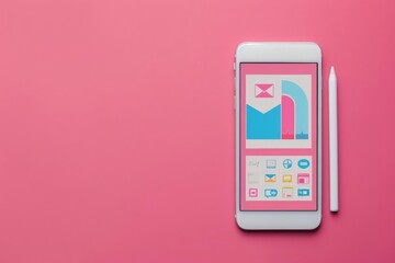 Poster - Mobile phone displaying digital marketing analytics on a pink background with email optimization concepts, perfect for web development themes